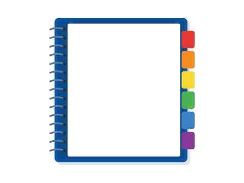 Single spiral notebook with colorful index tabs and blue cover front view isolated vector illustration.