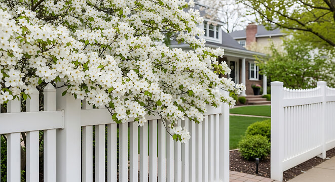 Blooming white dogwood flowers over white picket fence in beautiful suburban neighborhood