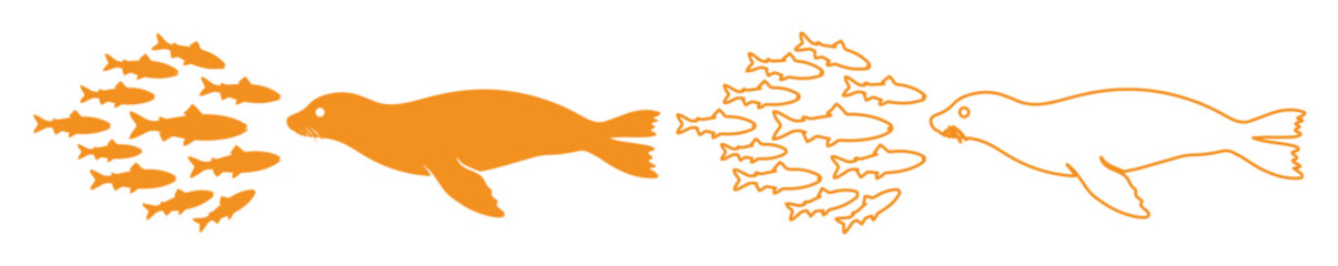 オレンジ色のアザラシと魚の群れのベクターイラスト素材。海の生き物のシルエットと線画のアイコンセット。水族館や海洋生物の教育用デザイン、自然環境保護のグラフィックに最適な動物のフラットデザイン。 © Alea_John