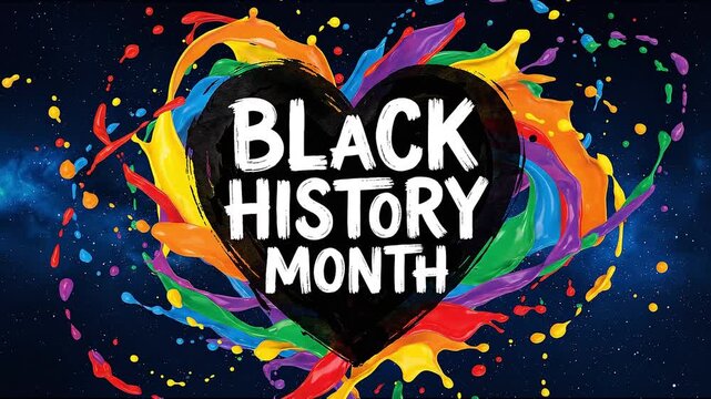 A vibrant poster with the slogan "Black History Month" featuring colorful paint splashes on a dark background. A video composition exploring themes of culture, identity, and social equality.
