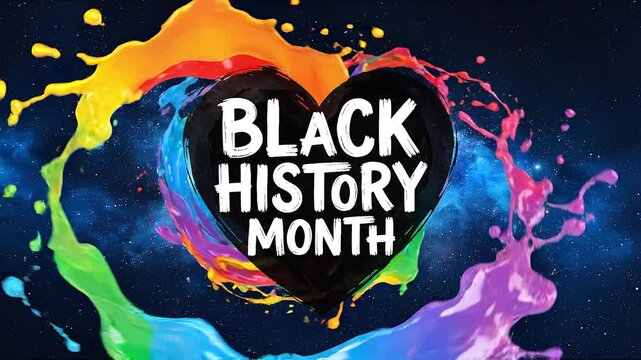 A vibrant poster with the slogan "Black History Month" featuring colorful paint splashes on a dark background. A video composition exploring themes of culture, identity, and social equality.
