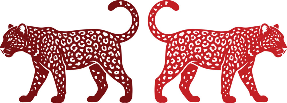 ヴィンテージ風のヒョウのイラスト、赤いシルエットのジャガーとレオパードのベクター素材、野生動物のグラフィックデザイン、アパレルやテキスタイルプリントに最適な2つの動物エレメント