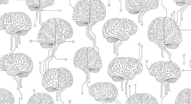 Innovative seamless pattern combines human brain shapes with electronic circuit board traces to represent the concept of artificial intelligence.