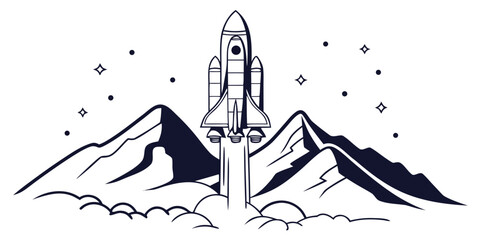 Space shuttle launching from behind mountains with stars and clouds graphic illustration take off spacecraft spaceship mountains exploration universe astronomy technology © AX
