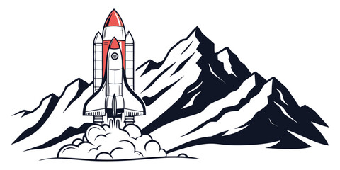 Illustration of a space shuttle lifting off from a cloudy launchpad with a backdrop of jagged mountains outer space spacecraft mountains illustration landscape exploration © AX