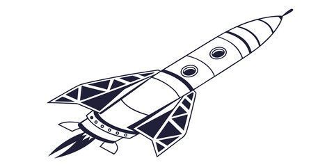Retro style rocket blasting off with fire trail and geometric wing details blast off science fiction sci fi nose cone spacecraft spaceship take off exploration universe © AX