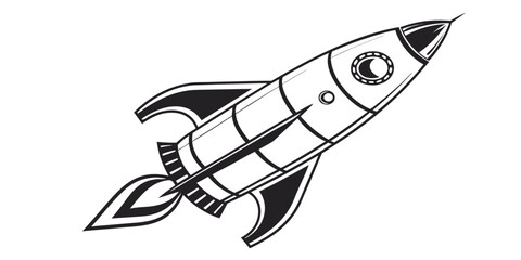 Stylized black and white drawing of a vintage rocket ship accelerating with exhaust flames blast off line art spacecraft exploration illustration transport movement © AX