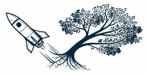 Stylized drawing of a rocket ship ascending with trailing lines flying towards a silhouetted tree with exposed roots silhouette spacecraft movement illustration transport © AX