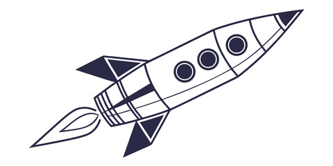 Illustration of a retro rocket ship blasting off with flame trails against a white background blast off line art spacecraft exploration illustration transport movement © AX