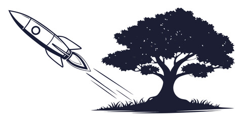 Silhouette of a rocket ship launching upwards past a large leafy tree and grass silhouette spacecraft movement illustration transport adventure technology propulsion © AX