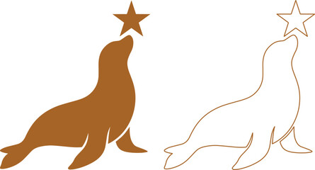 アシカのシルエットとラインアートのベクターイラスト、鼻先で星を操るアザラシのロゴデザイン、茶色のシンプルな動物アイコン素材、水族館やサーカスのパフォーマンスをイメージしたグラフィック © Alea_John
