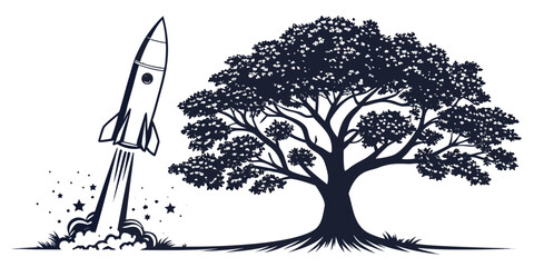 Graphic illustration of a rocket ship ascending from a cloud of smoke and stars next to a tree with silhouette spacecraft movement illustration transport adventure technology © AX