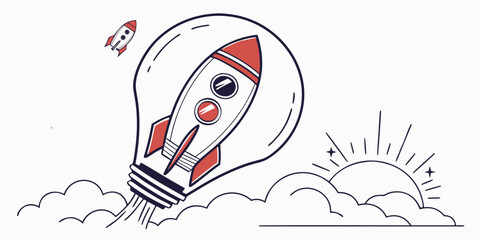 Rocket ship taking off from inside a light bulb with rising sun innovation creativity inspiration technology progress development business beginning illumination solution © AX