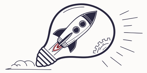 Illustrative concept of a rocket and gear emerging from a light bulb signifying invention and technological advancement white background creativity innovation business © AX