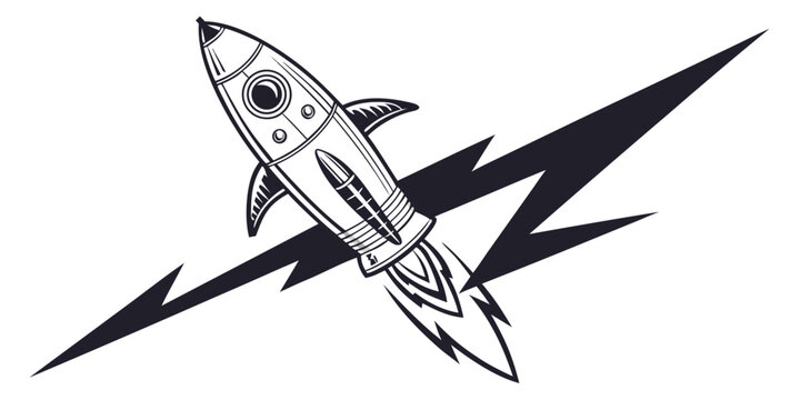 Retro illustration of a rocket ship in flight with fire exhaust and a diagonal lightning bolt science fiction sci fi outer space spacecraft illustration starship exploration