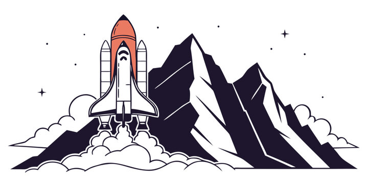 Orange and white space shuttle launching from behind dark mountains with stars and clouds take off spacecraft spaceship mountains exploration universe astronomy technology