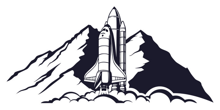Space shuttle ascending from behind a mountain range with exhaust clouds and stars take off spacecraft spaceship mountains exploration universe astronomy technology