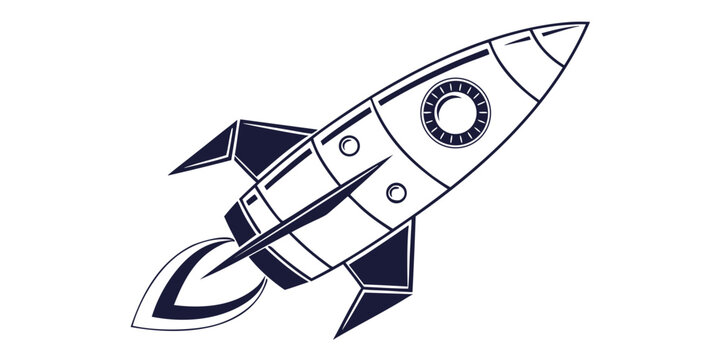 Stylized rocket in flight with pointed fins and exhaust plume graphic illustration nose cone spacecraft spaceship take off exploration universe astronomy technology