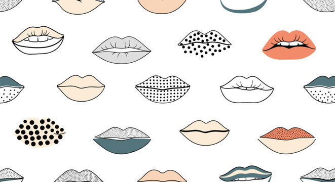 Creative seamless pattern showcases various artistic lip and mouth shapes with different patterns and colors for a quirky fashion design element.