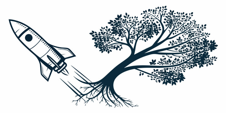 Stylized drawing of a rocket ship ascending with trailing lines flying towards a silhouetted tree with exposed roots silhouette spacecraft movement illustration transport