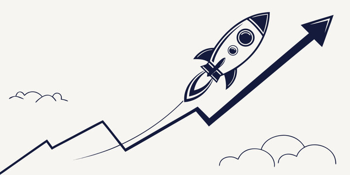 Rocket ship launching upward on a graph line with increase progress business movement direction development innovation momentum strategy promotion ambition launching