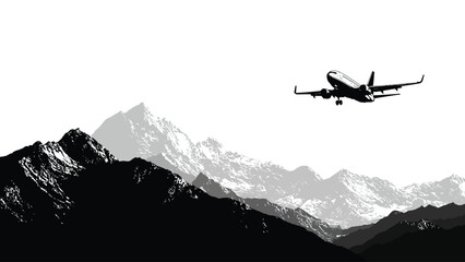 Fototapeta premium Airplane in flight over a majestic mountain range a stunning black and white scene
