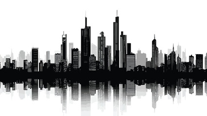 A striking black and white silhouette of a modern city skyline with reflections © MdSafi