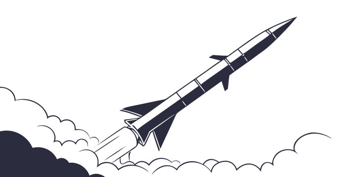 Silhouette of a missile launching upwards with dark smoke and clouds against a white background silhouette illustration military technology shooting trajectory