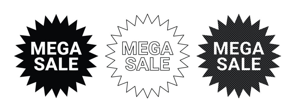 メガセール ギザギザのバッジアイコン 3点セット, MEGA SALE テキスト入り 爆弾ステッカー ベクター素材, プロモーション用 白黒 セールラベル デザイン, キャンペーン告知や広告バナーに最適な割引スタンプ