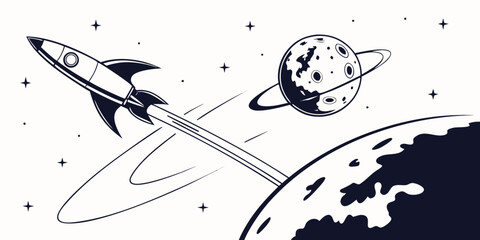 Stylized rocket ship launches into space orbiting a planet with rings and stars deep space outer space black and white universe exploration astronomy technology celestial © AX