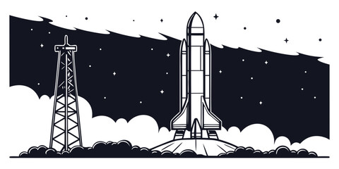 Space shuttle on launchpad with gantry tower preparing for takeoff against a starry night sky launch tower pre launch black white launchpad technology aerospace spacecraft © AX