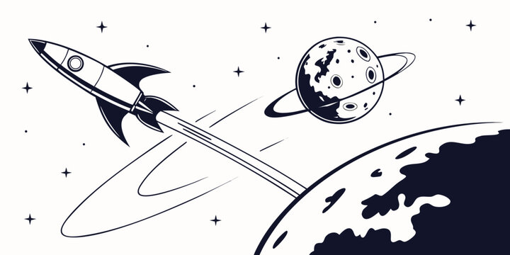 Stylized rocket ship launches into space orbiting a planet with rings and stars deep space outer space black and white universe exploration astronomy technology celestial