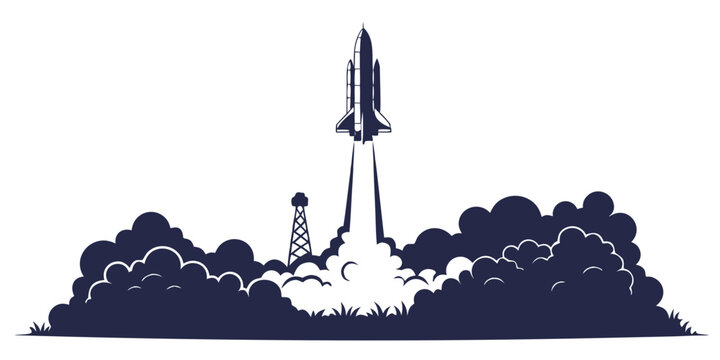 Space shuttle launching amidst dense clouds of smoke and dust on a dark background with blast off launch site launchpad exploration adventure technology transport universe