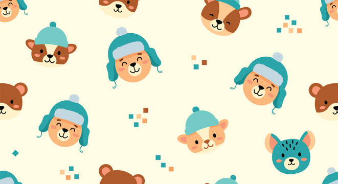 Cute seamless pattern featuring cartoon bear and dog characters wearing blue winter hats on a cream background for kids.
