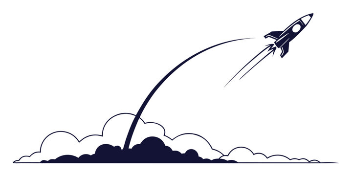 Rocket taking off with dynamic smoke cloud trail illustrating new project initiation and positive growth white background technology progress development innovation ambition