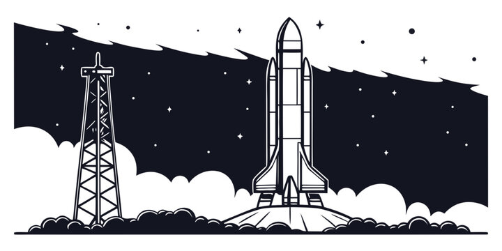 Space shuttle on launchpad with gantry tower preparing for takeoff against a starry night sky launch tower pre launch black white launchpad technology aerospace spacecraft