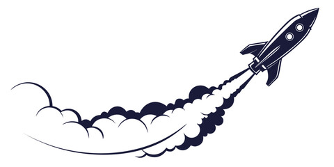 Classic stylized rocket launching with dynamic smoke plume vector illustration outer space blast off exploration progress spacecraft illustration development ambition © AX