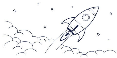 Minimalist outline rocket launching through clouds with scattered stars illustration line art outer space exploration illustration spacecraft astronomy technology adventure © AX