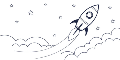 Clean outline rocket launching upwards with scattered stars and clouds graphic line art outer space smoke trail exploration illustration spacecraft astronomy technology © AX