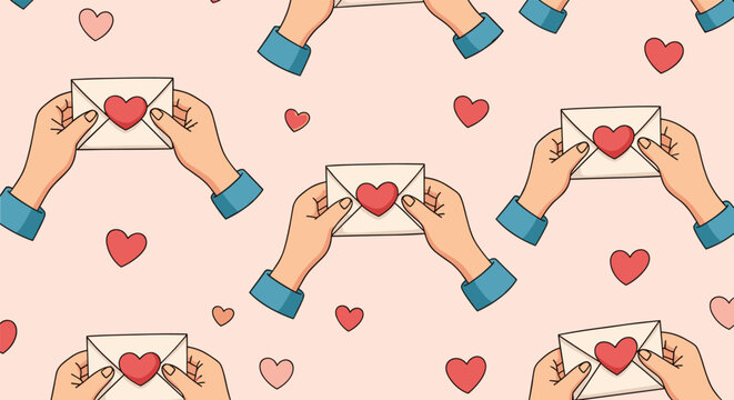 Seamless pattern featuring multiple hands holding white envelopes sealed with red hearts for love and romantic messages.