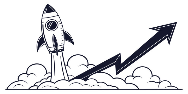 Rocket taking off with sharp upward growth arrow symbolizing market surge financial success economic boost positive trend line art white background business increase progress