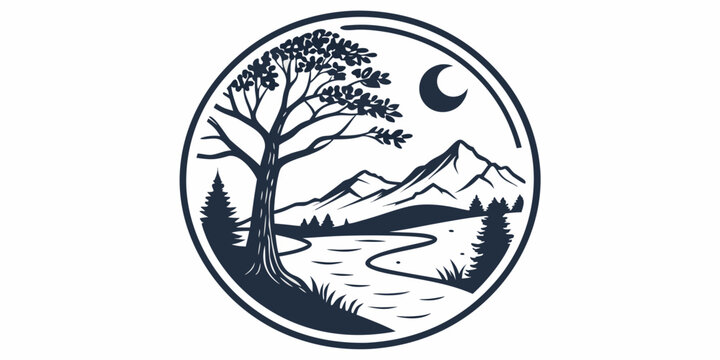 Circular nature landscape badge design featuring a prominent tree majestic mountains winding river crescent moon stylized vector illustration for outdoor adventures, pine trees