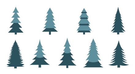 Fototapeta premium Collection of various pine tree silhouettes in different shades of blue and green for forest and nature design concepts.