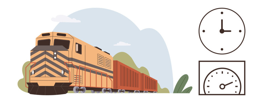 Transportation, logistics, punctuality, shipping, freight management, industry. A freight train with cargo cars, a clock and a speedometer. Transportation and logistics conceptual scene