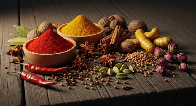 Assortment of vibrant Indian spices and herbs in rustic wooden bowls on dark background