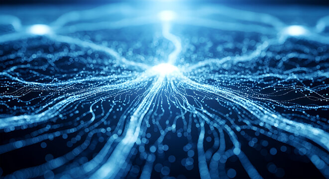 Electric blue circuits radiate from a glowing core in a dark technological environment
