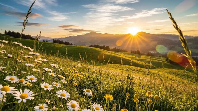 Breathtaking Sunrise over Alpine Meadow with Field of White Daisies Blooming on Rolling Green Hills for Nature Documentaries and Travel Advertisements.