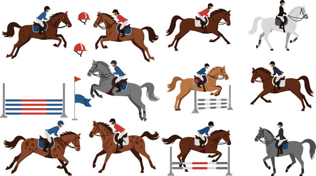 Equestrian Show Jumping Collection with Riders and Horses Jumping Obstacles Flat Vector Illustration Set for Sport and Competition Design