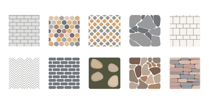  Set of various stone and brick wall textures, paving patterns and floor material swatches isolated on white background.