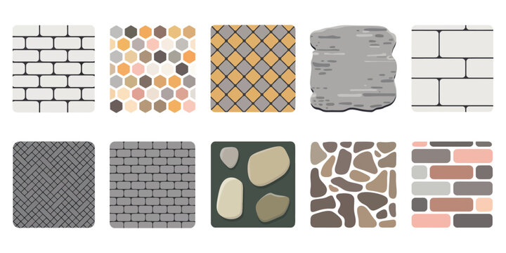  Set of various stone and brick wall textures, paving patterns and floor material swatches isolated on white background.